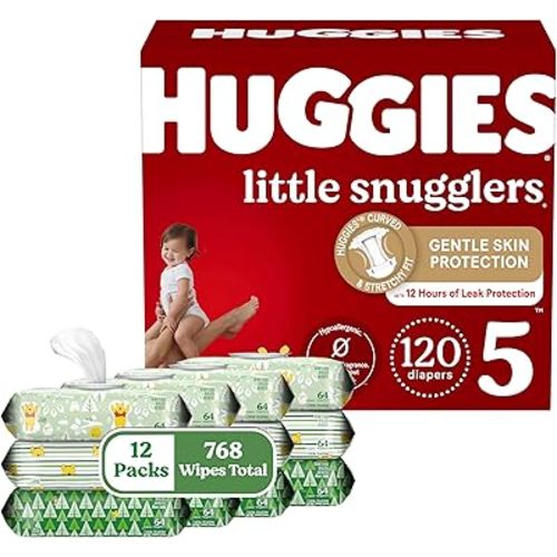 Huggies Little Snugglers + Wipes Bundle: Huggies Little Snugglers Baby Diapers, Size 5 (27+ lbs), 120 Count (2 Packs of 60) & Huggies Natural Care Sensitive Baby Wipes, 768 Count (12 Packs of 64)
