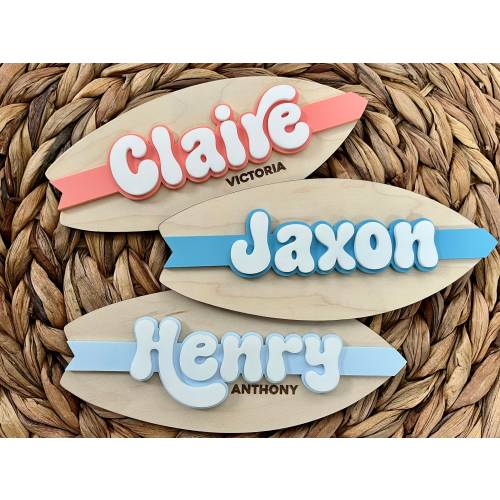 Surfboard Baby Name Sign, Birth Announcement Plaque, Nursery Decor For Baby Surfer, Coastal Baby Room Wall Art, Baby Shower Gift for Mom