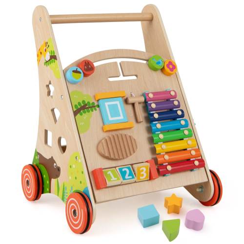 Gymax Wooden Baby Walker Baby Push Walker w/ Handle Storage & Wheels