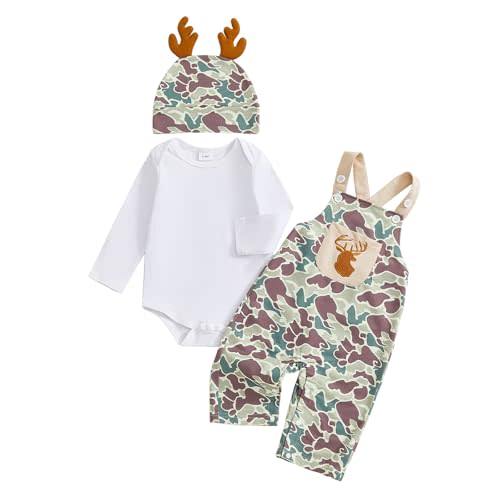 DSOKUHIB Newborn Baby Boy Fall Clothes Hunting Long Sleeve Romper Deer Embroidery Camo Overalls Pants Hat 3Pcs Outfit Set