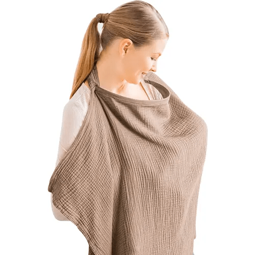Konssy Muslin Nursing Cover for Baby Breastfeeding, Breathable 100% Cotton Breastfeeding Cover with Rigid Hoop for Mother Nursing Apron, Multi-use Carseat Canopy (Brown)