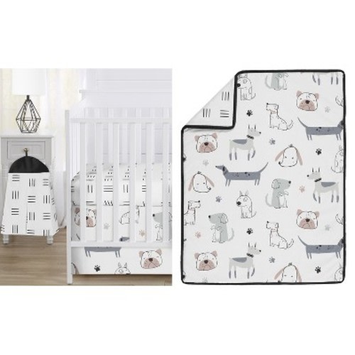 Sweet Jojo Designs Boy, Girl, Unisex/Gender Neutral Baby Crib Bedding Set - Cartoon Puppy Grey Taupe and Blue 4pc