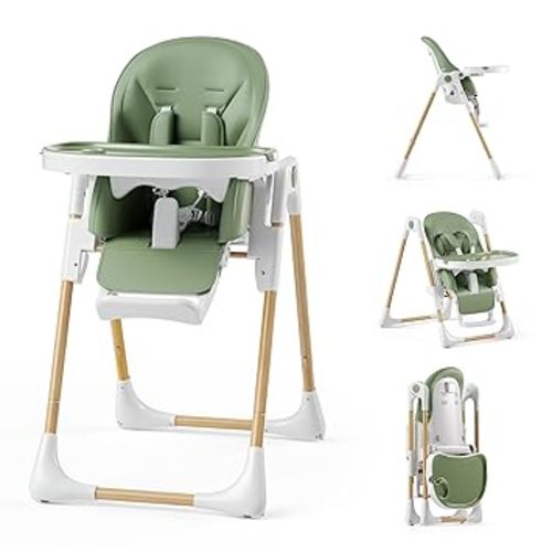 Kinder King Convertible High Chair for Babies & Toddlers, Adjustable Baby Feeding High Chair with Removable Double Tray, Simple Compact Fold for Space-Saving, 2 Built-in Wheels, Easy to Clean