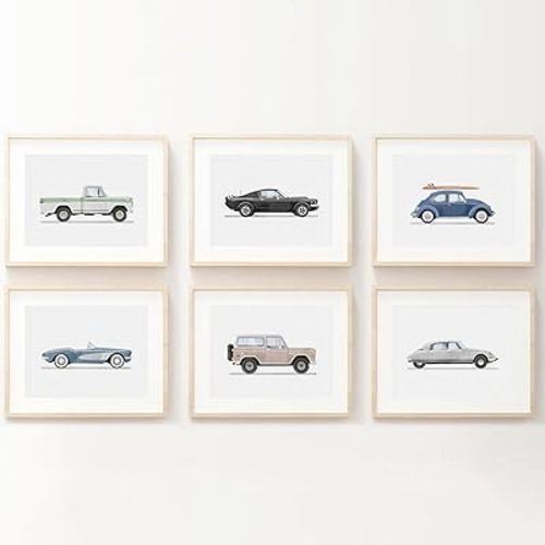Blue Car Wall Art Decor Boys Room Wall Art Vintage Cars Canvas Poster Pictures Toddler Kids Room Prints Watercolor Vehicle Artwork Painting for Boys Bedroom Nursery 12x16 Inch Unframed Set of 6