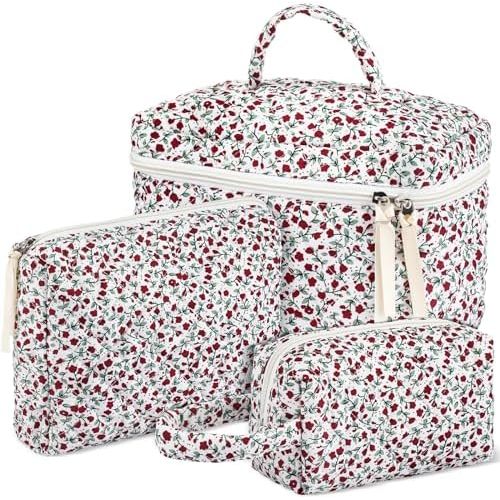 Paterr 3 Pieces Cotton Quilted Makeup Bag Set Coquette Cosmetic Bag Aesthetic Travel Toiletry pouch Cute Pouch Kawaii Aesthetic for Women(Red,Red Floral)