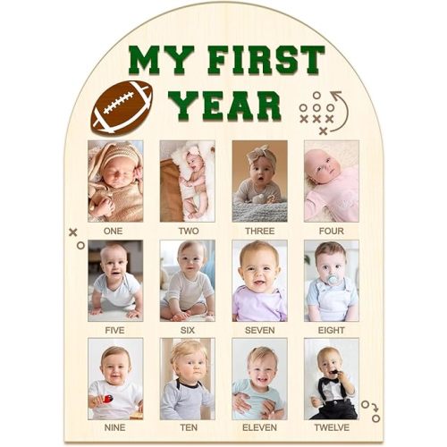 My First Year Photo Board - Baby's First Year Photo Frame 12 Months Milestone Board Football Photo Display Wood Board 1st Birthday Picture Frame Decorations (Fits 2" x 3" Photo)