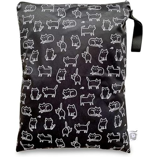FLOCK THREE Waterproof Wet Bag Reusable for Wet Clothes Baby Diapers Stroller Swimsuit Travel Washable toiletries Pouch Large Electronics case 12.6'' x 16.5'' (Black Cats)