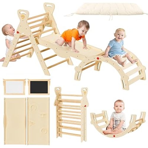 Pikler Triangle Set 7-in-1 Foldable Montessori Wooden Climbing Toys for Toddlers 1-5 Years Indoor Jungle Gym with Slide, Arch Ladder & Ramp Solid Wood Baby Activity Climber