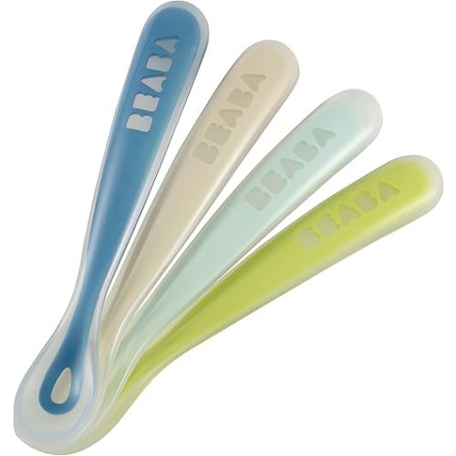BEABA First Stage Baby Feeding Spoon Set, THE ORIGINAL Soft Tip Silicone Spoons for Babies, Gum Friendly BPA Lead Phthalate and Plastic Free, Great Gift Set (4 Pack), Assorted