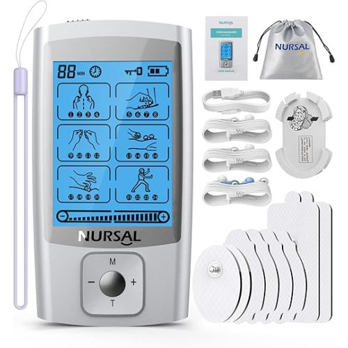 NURSAL 24 Modes TENS Unit Muscle Stimulator with Continuous Stimulation, Rechargeable Electronic Pulse Massager with 8 Pads for Back and Shoulder Pain Relief and Muscle Strength