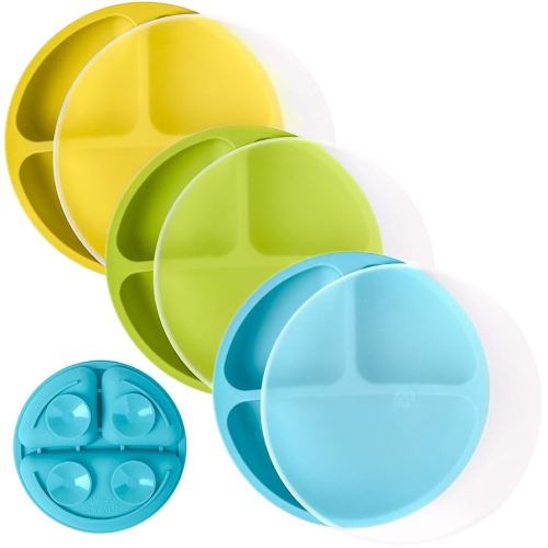 WeeSprout Suction Plates with Lids for Babies & Toddlers - 100% Silicone, Dinnerware Stays Put, Divided Design for Picky Eaters, Microwave & Dishwasher Friendly, 3 Pack