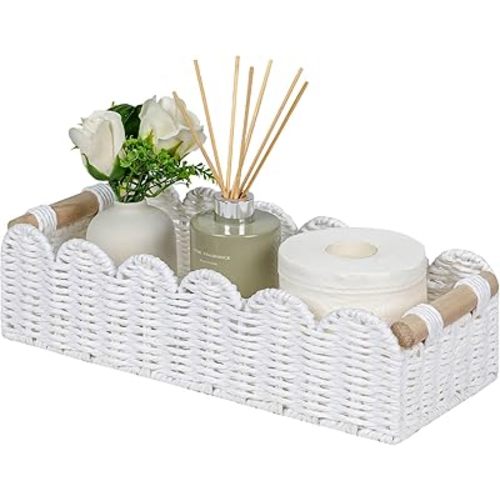 CubesLand Scalloped Edge Toilet Paper Storage Basket, Living Room Home Cozy Decor Basket, Paper Rope Small Baskets for Over Toilet Storage Shelf, End Table, Shelves, with 2 Wooden Handles, White