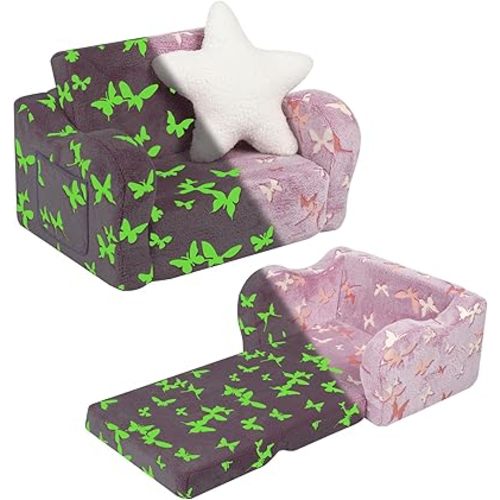 Butterfly Glow in The Dark Toddler Couch, 2-in-1 Toddler Soft Couch Fold Out with Star Pillow, Convertible Sofa to Lounger for Girls and Boys, 1-Seat