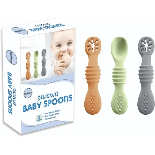 SAMiGO Silicone Baby Spoons Self Feeding 6+ Months - Infant Toddler  Utensils - First Stage Baby Led Weaning Feeding Supplies - Set of 3 Pack