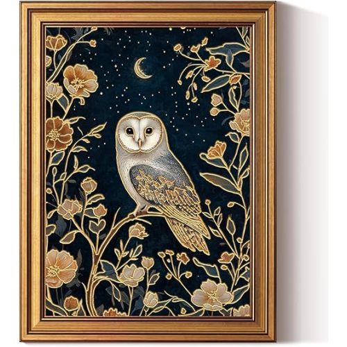 InSimSea Gold Framed Canvas Prints Wall Art, 3D Embossed Vintage Decor, Owl in Enchanted Forest Aesthetic Paintings, Dark Cottagecore Wall Decor for Bedroom Living Room Bathroom Shelf, 12x16inch