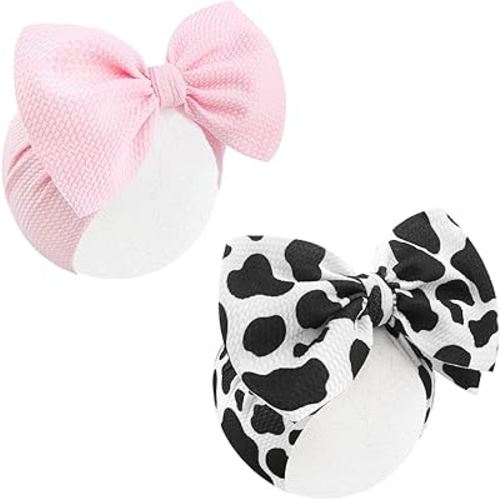 2Pcs Moo Cow Print 7’’ Hair Bows for Baby Girls Cowgirl Accessories Infant Toddler Baby Girl Headbands Pink Bow Hair Wrap