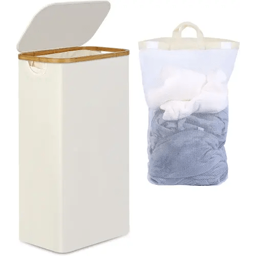 Slim Laundry Basket with Lid, Narrow Laundry Hamper with Removable Bag, Skinny Dirty Clothes Basket with Bamboo Handles for Bathroom, Bedroom & Laundry Room, 75L Beige