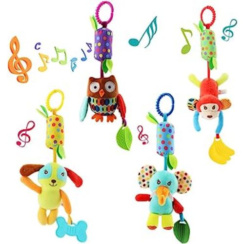 4 PCS Baby Soft Hanging Rattle Crinkle Squeaky Toy - Baby Toys for 0 3 6 9 to 1 Animal Ring Plush Stroller Infant Car Bed Crib Travel Activity Hanging Wind Chime with Teether for Boys Present