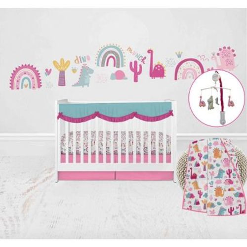 Bacati - Little Dino Girls Fuchsia/aqua Muslin 6 Pc Crib Bedding Set With Crib Musical Mobile