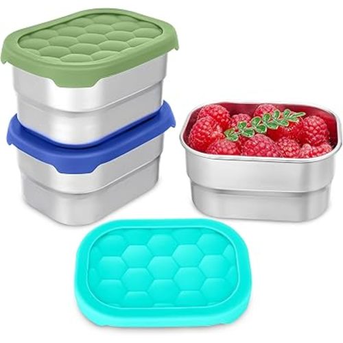 3 Pack Stainless Steel Snack Containers for Kids, 8 oz Easy Open Leak Proof Small Toddler Snack Containers with Silicone Lids, Stackable Metal Lunch Box for Daycare and School (Blue)