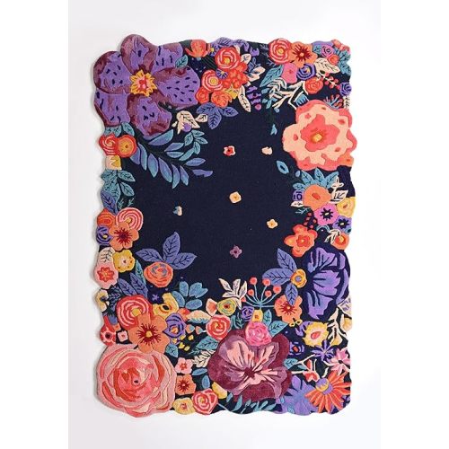 Handmade Floral Irregular Wool Area Rug | Vibrant Multicoloured Garden Flowers on Navy Background, Soft Plush, Durable & Thick | Perfect for Living Room, Bedroom & Dining Room (Navy, 5' x 8')