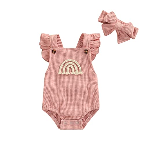Hnyenmcko Newborn Baby Boy Girls Clothes Infant Rainbow Romper Waffle Ruffled Sleeveless Backless Bodysuit Jumpsuit Outfit