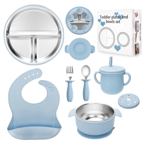 MISSLILI Stainless Steel Kids Plates and Bowls Set with Suction, Divided Baby Plate and Toddler Bowl with Removable Silicone Suction,Stainless Steel Weaning Bundle, Silicone Baby Feeding Set (Blue)