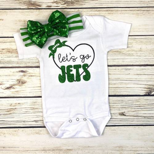 Let's Go Jets Retro Design Heart Football Bodysuit Outfit For Baby Girl