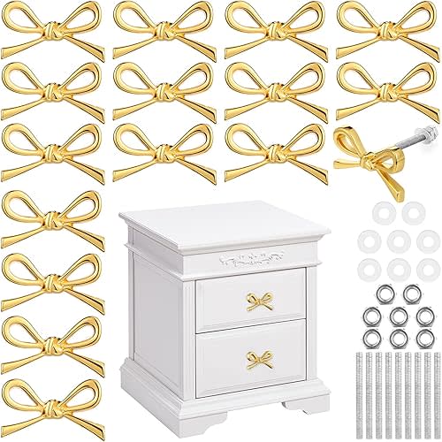 16 Pcs Bow Drawer Knobs Metal Bow Dresser Knobs Vintage Handles for Dresser Gold Handles for Home Bedroom Kitchen Cabinets Hardware Cupboard, 1.6 x 1 Inches