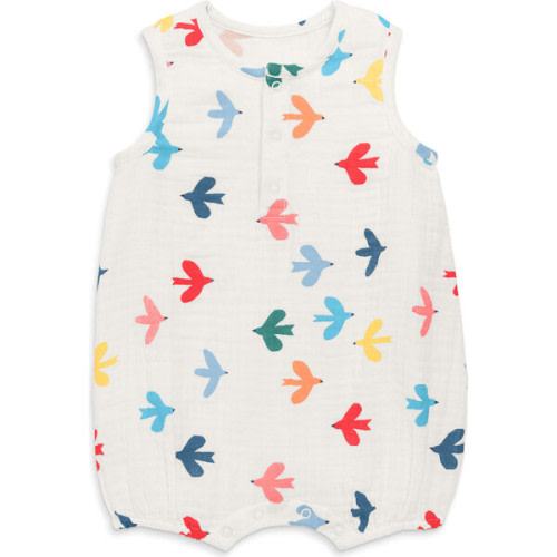 Baby Henley Tank Shortie In Rainbow Birds, Ivory Rainbow Birds - Primary | Maisonette