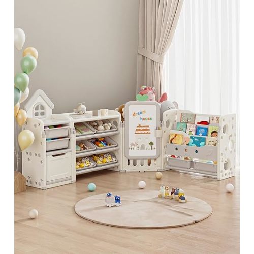 Kids Toy Storage Organizer with 10 Removable Bins, Foldable Toy Organizers and Storage with 3-Tier Bookshelf for Kids Toy Storage Organizer with Drawing Board, Extra 3 Brushes (4 In 1 Off-white)