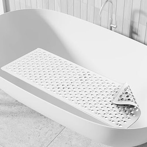 Large Bath Tub Mat Extra Long 40x16”, Safe Non-Slip Bathtub and Shower Mats with Drain Holes & Suction Cups, Machine Washable Bathroom Mats, Light White