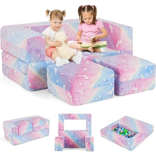 Costzon Kids Couch Set Convertible, 2 Seat Toddler Chair Glow in The Dark, Fold Out Children Sofa Couch, Bedroom Playroom Furniture for Toddlers, Comfy Foam and Floor Cushion Gift for Boys Girls 3+