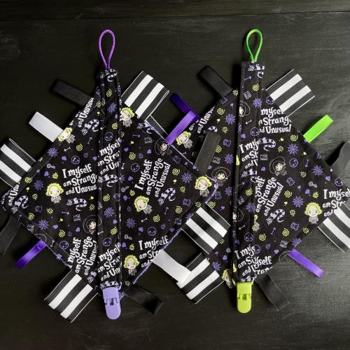 Beetlejuice “I Myself Am Strange and Unusual” Inspired Pacifier Clip and Crinkle Tag Sensory Toy Set