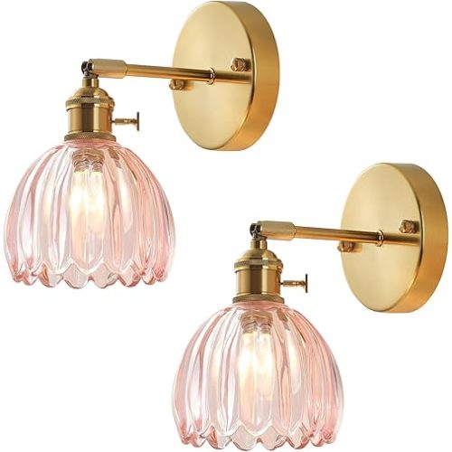 Plug in and Hardwired Wall Sconces, Luxury Vintage Tulip Crystal Glass Shade Wall Light with Switch for Bedside Bedroom Living Room (Tulip-Pink, 2)