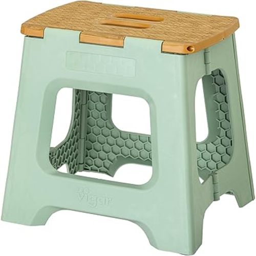 Vigar Compact Step Stool Foldable, 12-1/2-inch Step Stools for Adults up to 330 Pound, Lightweight Stool, Non-Slip Folding Step Stool, Bamboo on Top, Vintage Green
