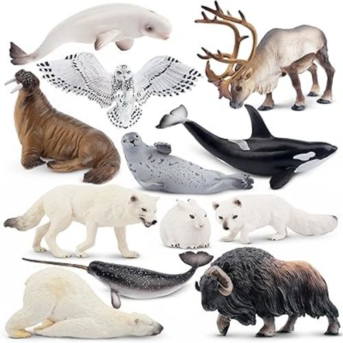 Toymany 12PCS 4-7" Large Polar Animals Figurines, Plastic Arctic Animal Toy Preschool Set Includes Polar Bear,Caribou,Whales,Walrus, Cake Toppers Christmas Birthday Toys Gift for Kids Toddlers