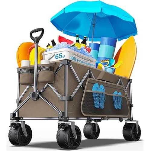 Collapsible Wagon, 440 lbs Foldable Utility Wagon Cart with Big Wheels, Heavy Duty Folding Wagon for Beach/Garden/Camping/Grocery-Brown