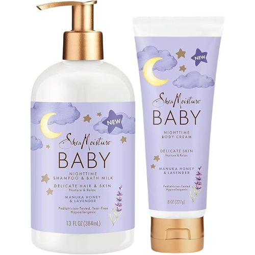 Shea Moisture Baby Care Set – Relaxing Nighttime Shampoo & Bath Milk + Nighttime Body Cream for Delicate Skin, Manuka Honey & Lavender (2 Piece Set)