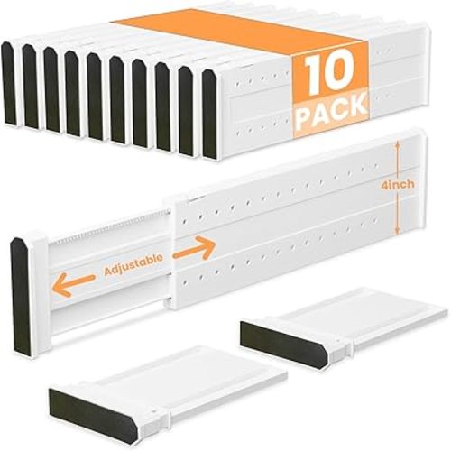 10 Pack Drawer Dividers for Clothes Adjustable Drawer Dividers 4" High Expandable from 15"-21" for Dresser Baby Clothes Bathroom,Bedroom Kitchen and Office Storage，White
