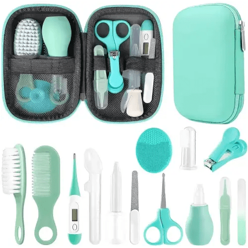 Baby Grooming Kit, Infant Safety Care Set with Hair Brush Comb Nail Clipper Nasal Aspirator,Baby Essentials Kit for Newborn Girls Boys (Green)