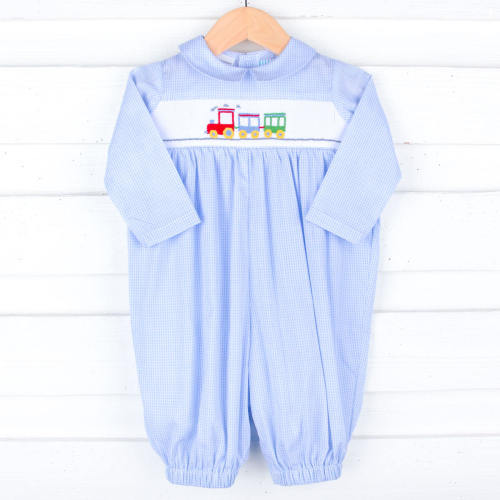 Train Smocked Light Blue Gingham Romper
