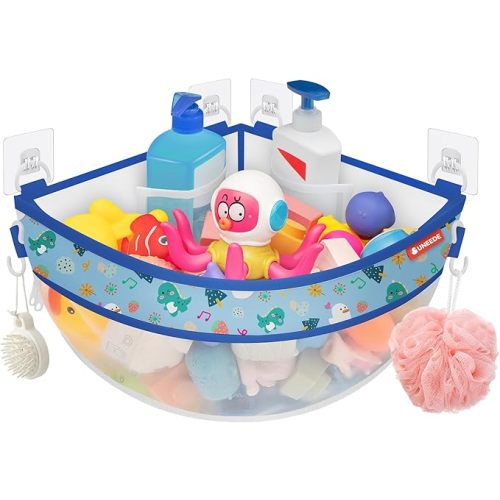 UNEEDE 4.32 Gallons Corner Mounted Bath Toy Storage Holder, Mesh Shower Caddy for Bathtub Organizer, Quick Dry Holder