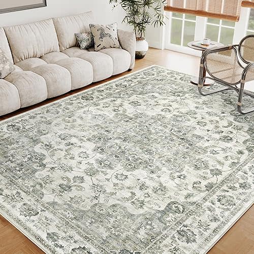 5x7 Washable Neutral Area Rug Green Floral Living Room Bedroom Carpet Non-Slip Low Pile Vintage Soft Thin Throw Rug for Dining Room Entryway Dorm Office Kitchen Bathroom