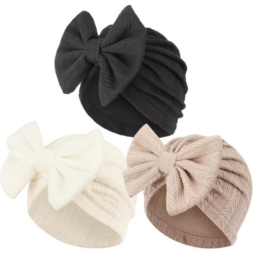 Baby Girl Hats with Bow, 0-12 Months - Black, Ivory & Tan