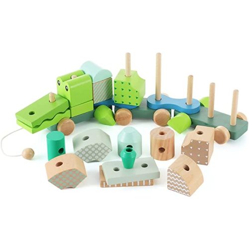 ANIKI TOYS Wooden Stacking Train Toy - Baby Building Blocks Pull Toy with Shape Sorter Early Learning Toy Develops Hand-Eye Coordination, Imagination and Creativity for Toddler Boys Girls Kids Gift - Aligator