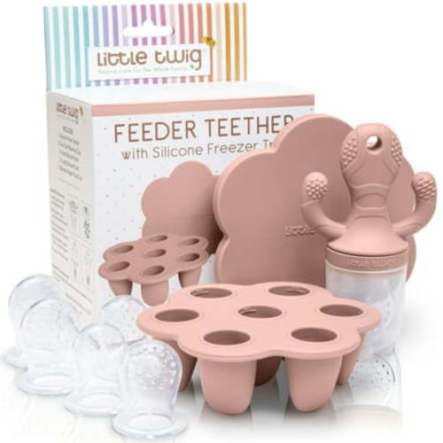 Little Twig Silicone Baby Fruit Feeder and Teether Set with Breastmilk Popsicle Freezer Molds, Rose