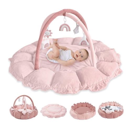 HAN-MM 5-in-1 Convertible Baby Play Gym with 6 Toys, Tummy Time Mat for Sensory Development, Baby Activity Center from Newborn to Toddler, Ball Pit, Cat & Dog Bed, Soft Plush Pet Bed, Pink