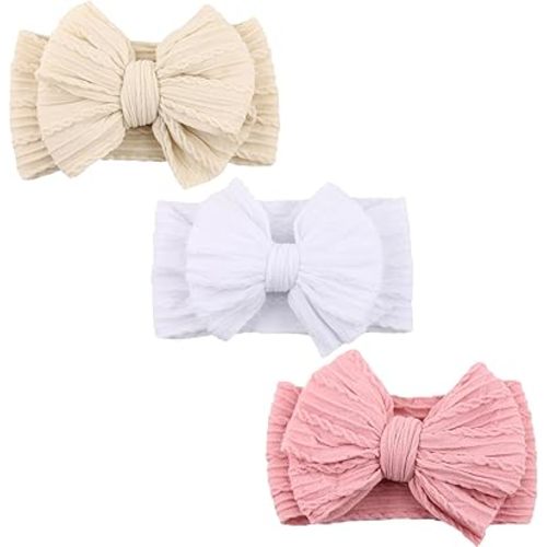 BQUBO Lot de 3 bandeaux faits à la main doux et extensibles avec nœuds en nylon pour filles, nouveau-nés et tout-petits