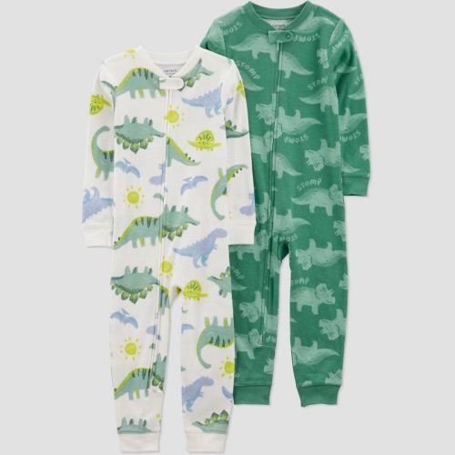 Carter's Just One You® Toddler Boys' 2pk Cotton Snug Fit Dinosaurs Footed Pajama - Green/White 5T: Lightweight, Crew Neck, Long Sleeve